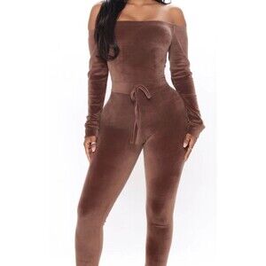 Brown Velvet Jumpsuit Large Off Shoulder Long Sleeve Romper Y2K Chic